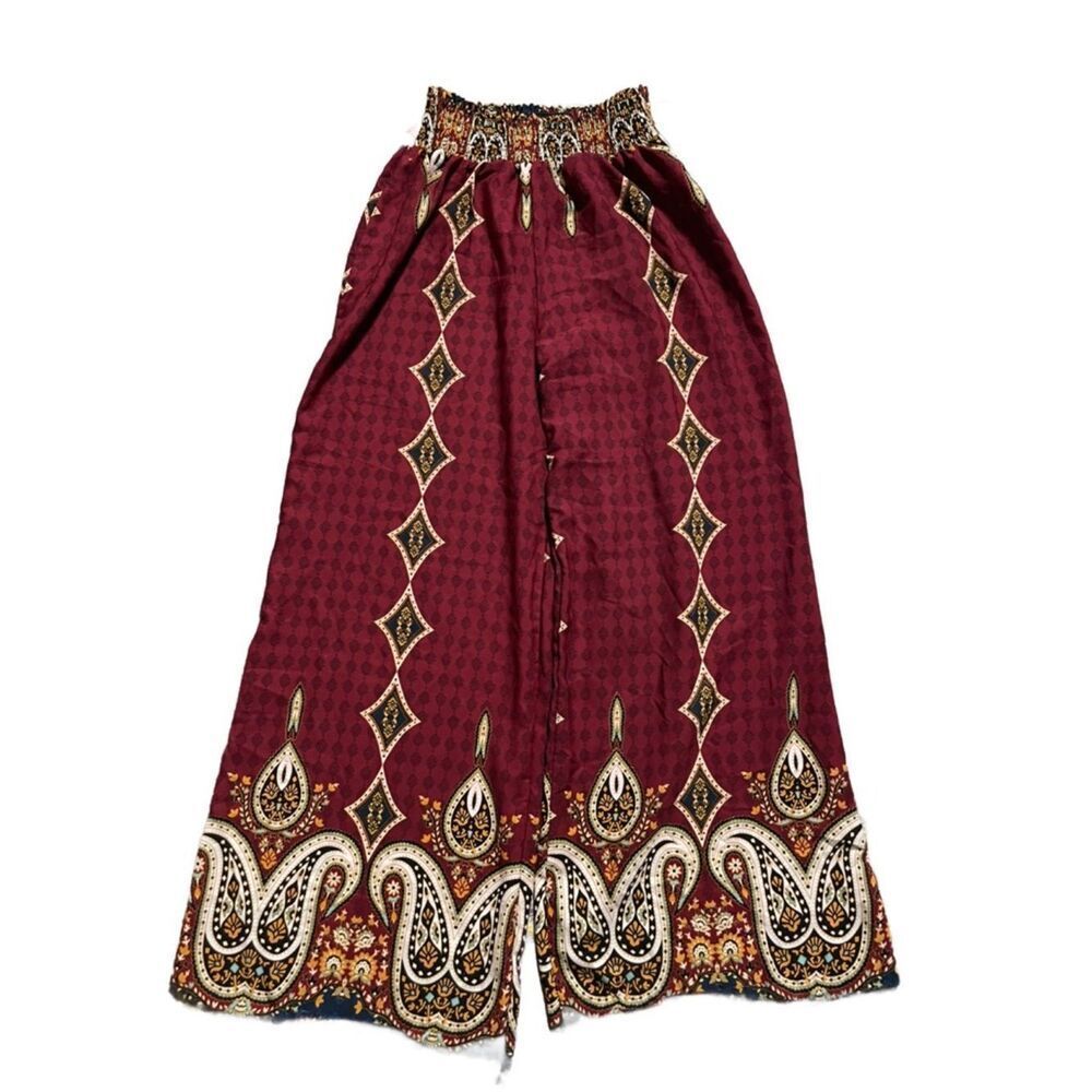 Fashion Nova Burgundy Paisley Patterned Elastic-Waist Wide-Leg Pants (Small) - Picture 1 of 16